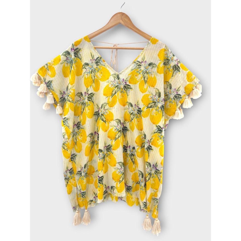 Gianni Bini Lemon Print Kaftan Small Yellow Metallic Tassel Coverup Resortwear